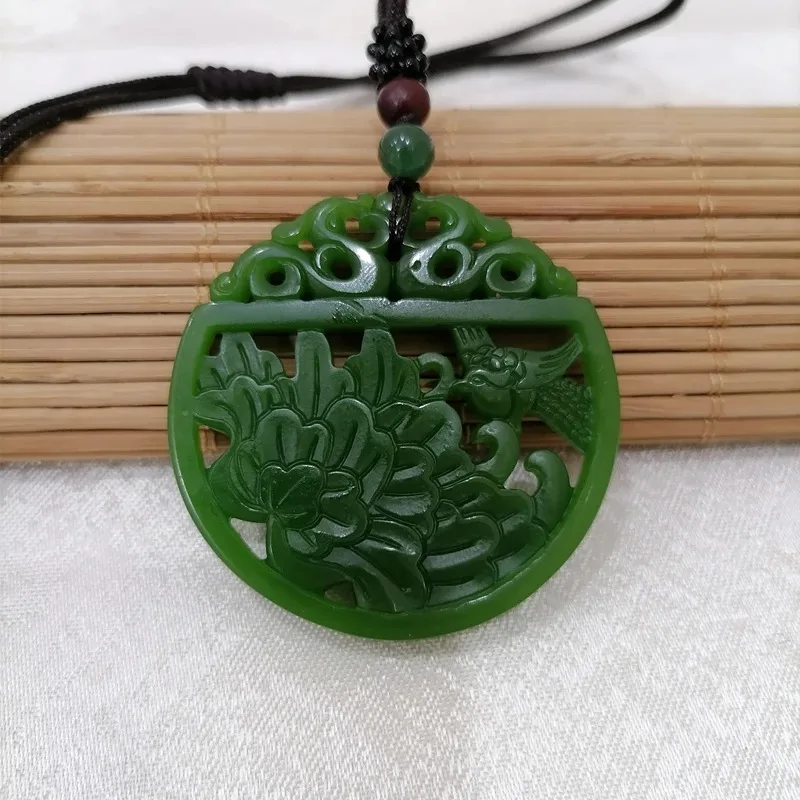 Natural Green Hand Carved Magpie Peony Jade Pendant Fashion Boutique Jewelry Men's and Women's Necklace Gift Accessories