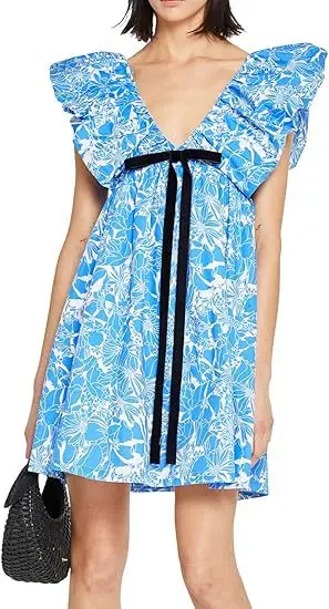 Boho Floral Print Bow Women Dress 2025 Summer Sexy V Neck Puffed Sleeves A Line Mini Dresses Beach Vacation Sundress Vestidos