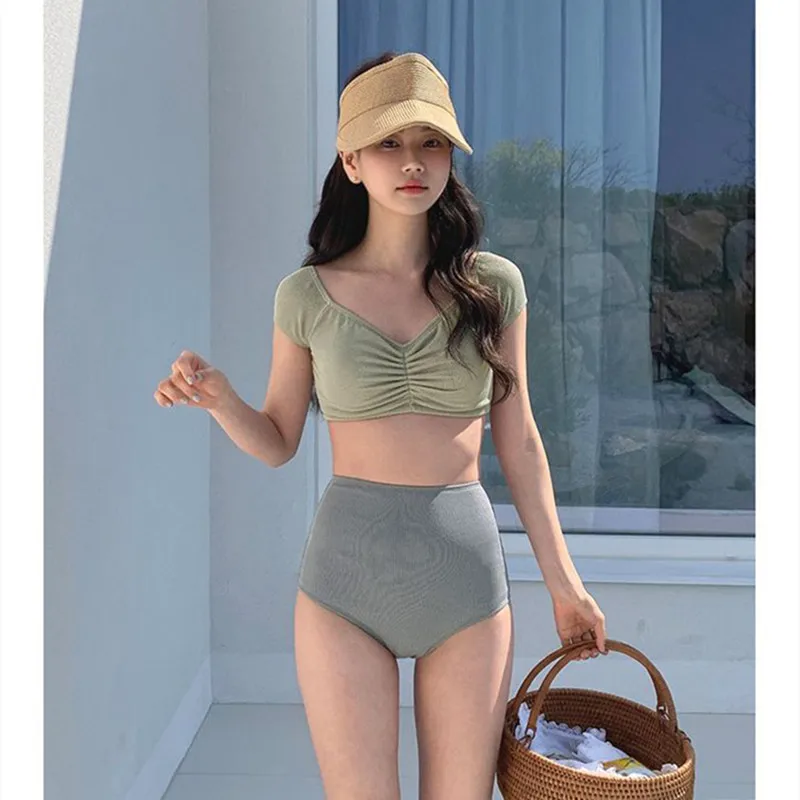 Women High Waisted Swimsuits Bikini Set Bathing Suits Female Solid Swimwear Biquinis Korean Style Swim Bath Cloth Beachwear