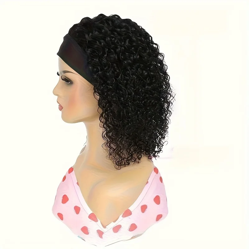 200% Density Human Hair Wig Short Headband Bob Wig Natural Black Short Curly Bob Cut Glueless Kinky Curly Headband Wig image 5