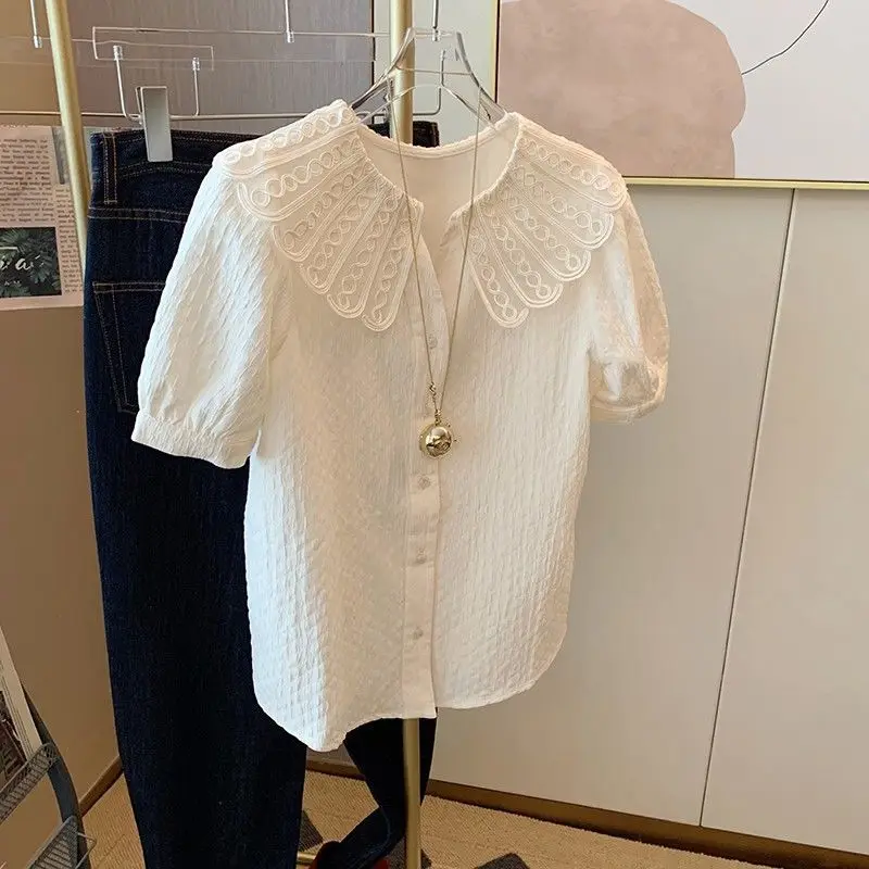 White Lace Short Sleeved Shirt For Women\'s 2024 New Summer Thin Loose Collar Single Breasted Top