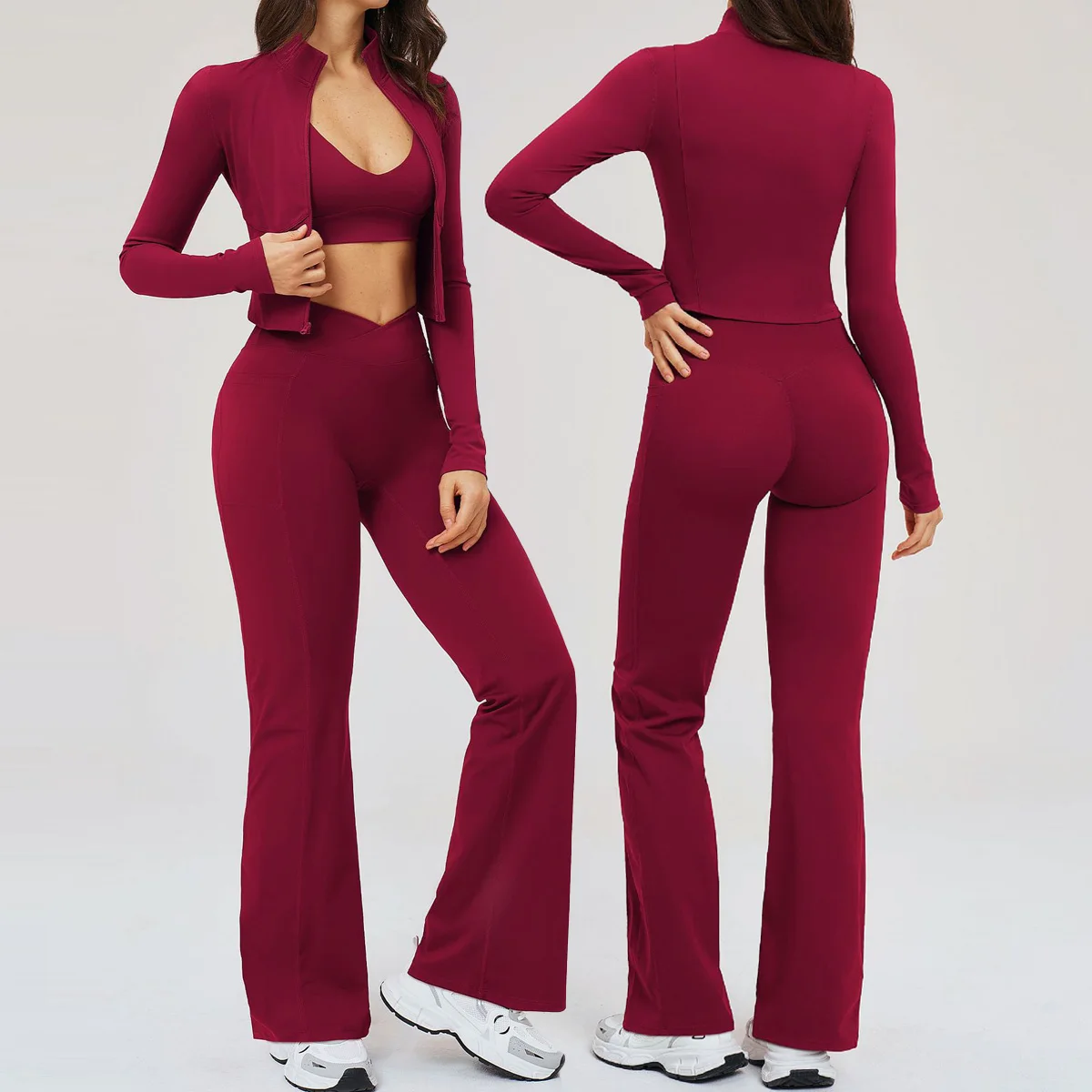 3 PCS Yoga Set Sports Long Sleeve Jacket Fitness Tracksuit Sports Bra High Waist Flared Leggings Sportswear Outfit Gym Clothes