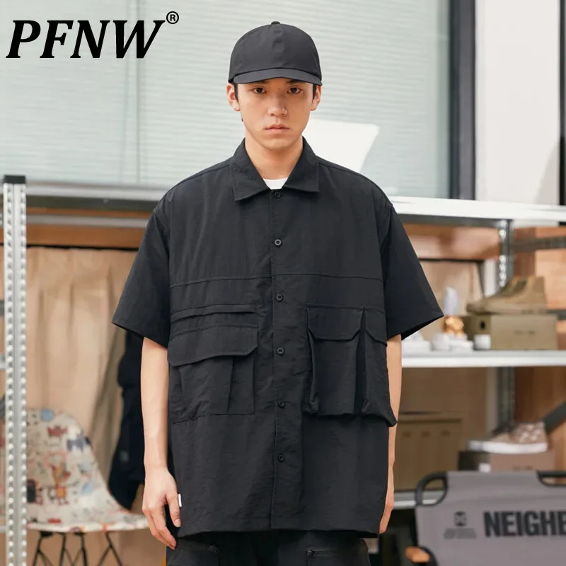 

PFNW American Functional Style Work Shirt Short Sleeve Men's Lapel Side Slit Patch Pocket Summer Fashion Male Handsome 28W3493