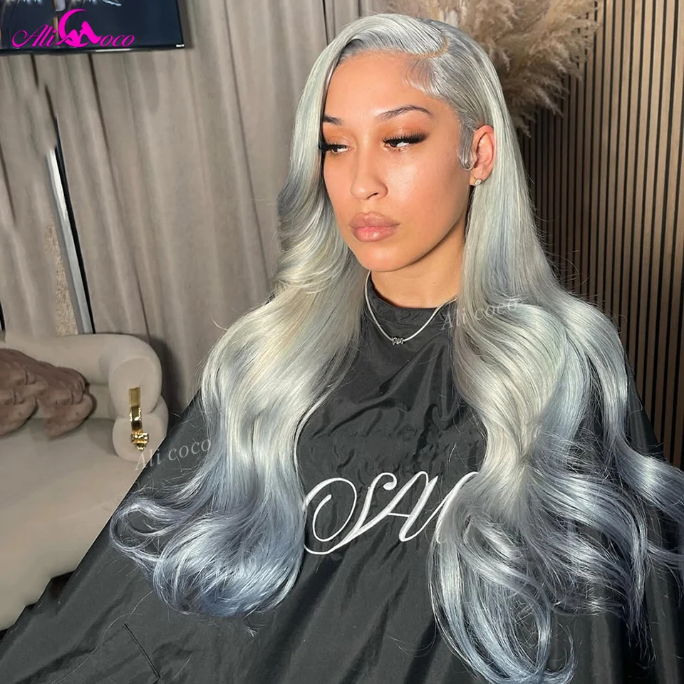 

Ali Coco Hair 13x6 Lace Front Human Hair Wig For Women Ombre Grey Blue Colored Transparent Lace Front Wig Pre Plucked Remy Wavy
