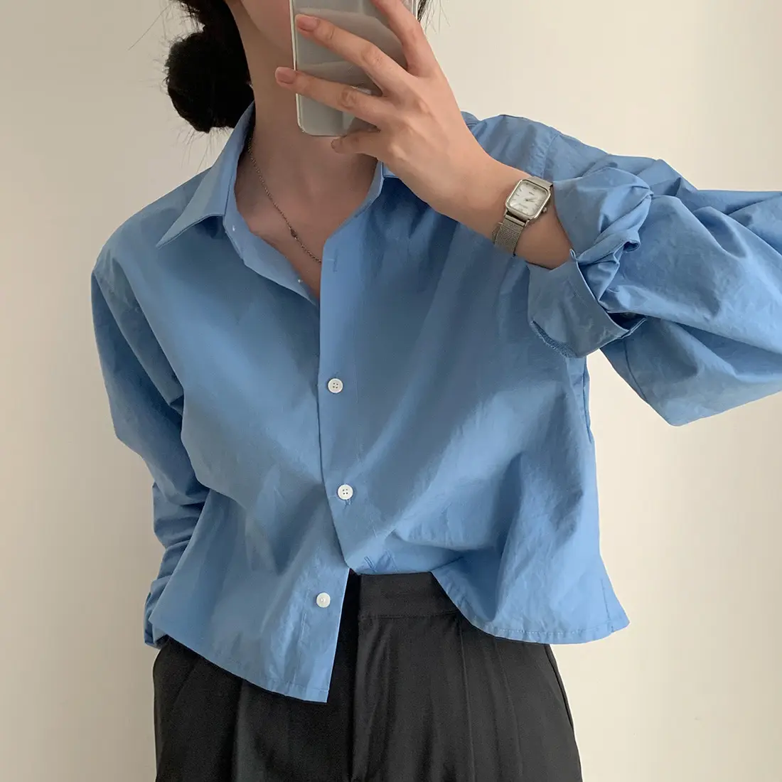 قميص نسائي فضفاض بأكمام طويلة وياقة مقلوبة، تصميم أساسي قصير بلون موحد، أنيق وعصري لبداية الربيع على الطراز الكوري #5