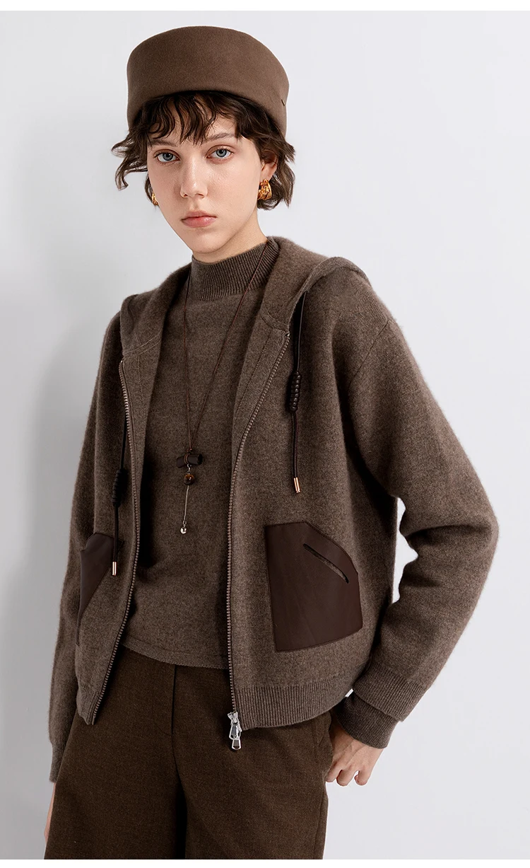 TY862141 Damen Kapuzen-Reißverschluss-Strickjacke aus Wolle-Kaschmir-Mischung, 100% Schafsleder, Tasche, Kordelzug, gerippte Manschette, LP Old Money – Detail 7