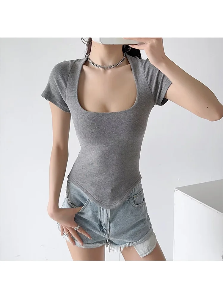 Women Square Neck Rib Fit Tee Basic Short Sleeve Crop T-shirt