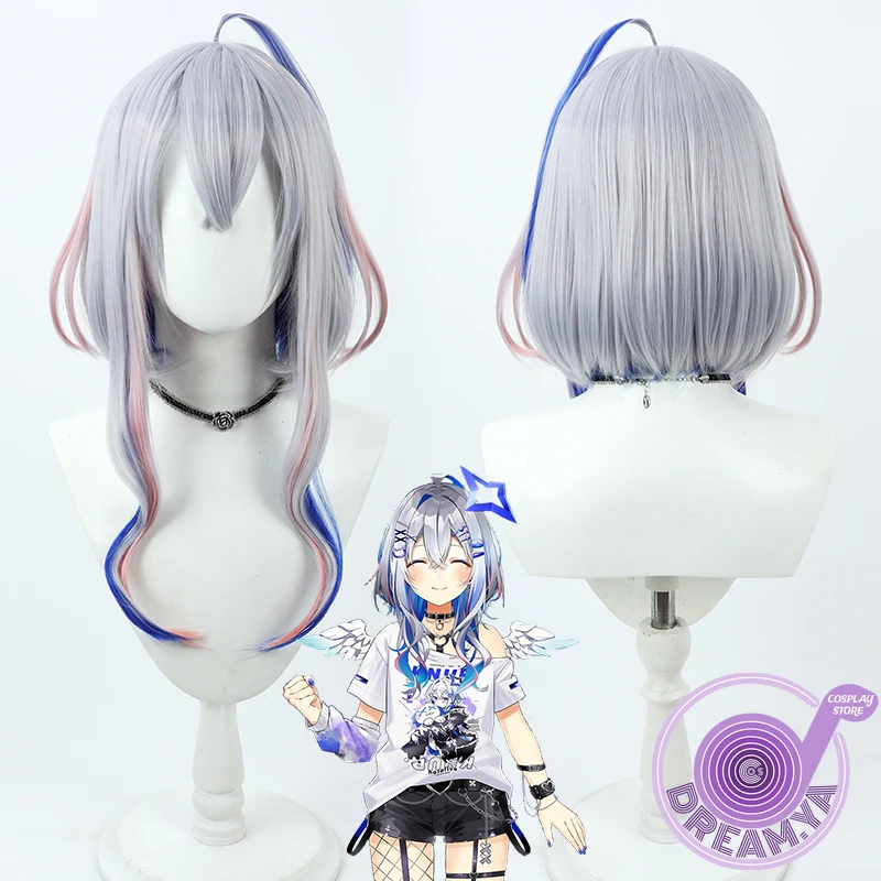 Amane Kanata Cosplay Wig Vtuber Silver Blue Pink Mixed 55cm Heat Resistant Synthetic Hair Halloween Role Play + Free Wig Cap