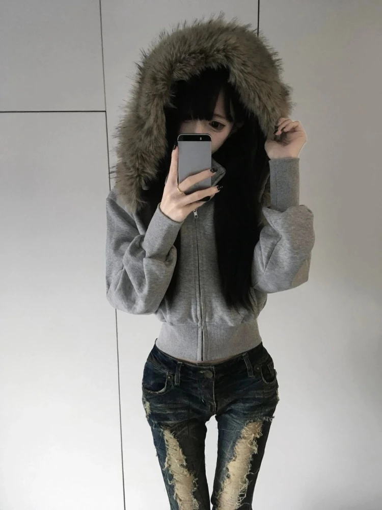 American Vintage Long Sleeve Hoodie Faux Fur Collar Patchwork Women Streetwear Y2k Korean Retro Sweatshirt Zipper Autumn Winter