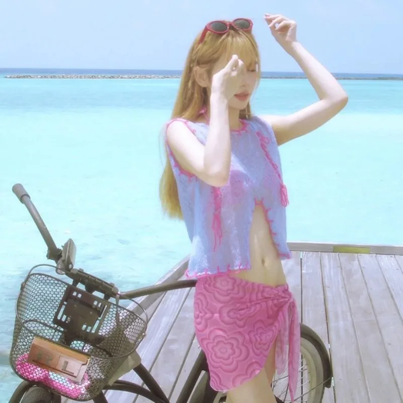 New Style Korean Women's Bikini,Stylish Fresh Three-Piece Coquettish Vibe Knit Cover-Up Swimwear for Beach Vacation Photo Shoots