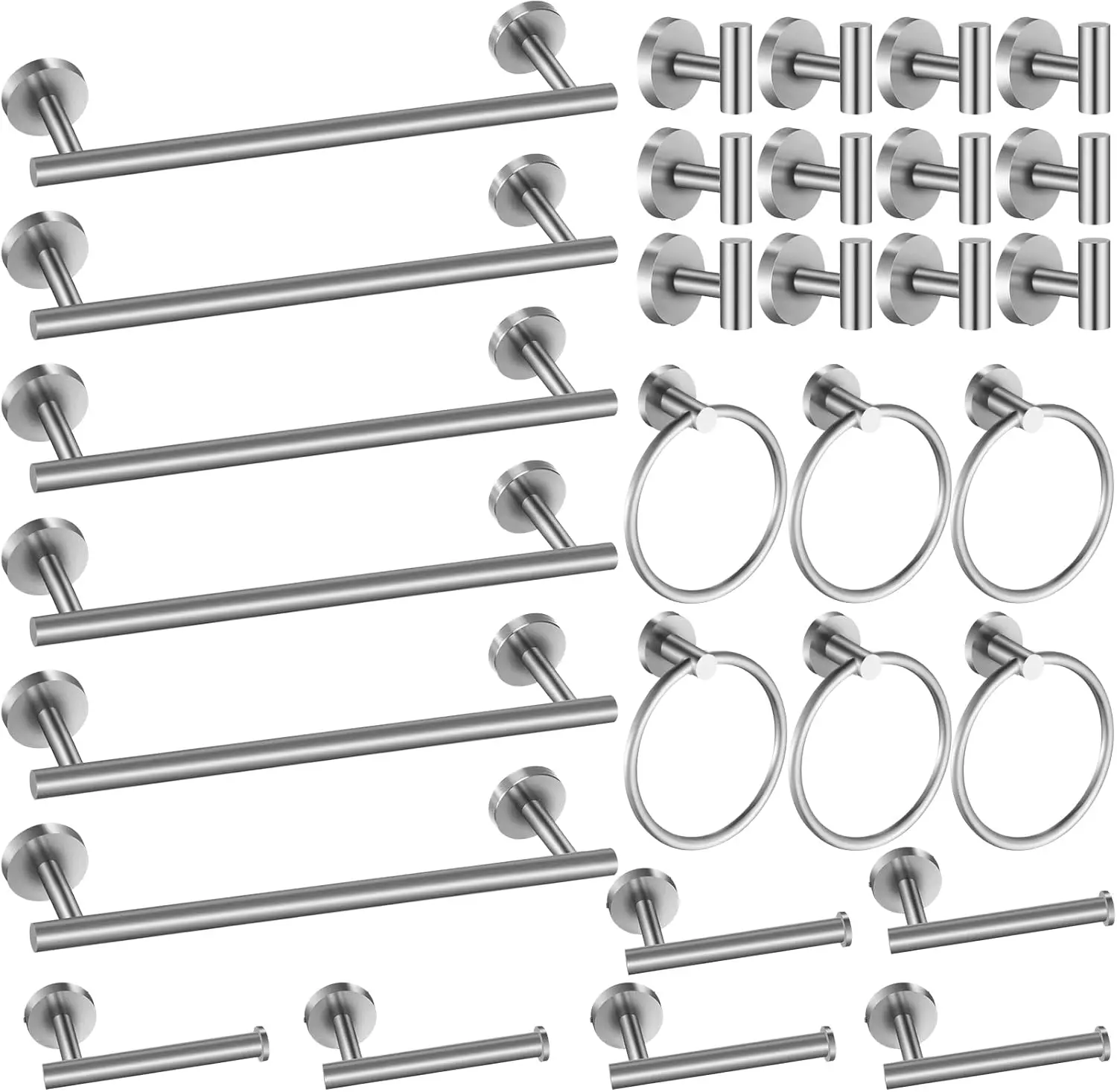 

30 Pcs Stainless Steel Bathroom Hardware Set with Towel Bar, Hooks, Ring & Toilet Paper Holder in Brushed Nickel