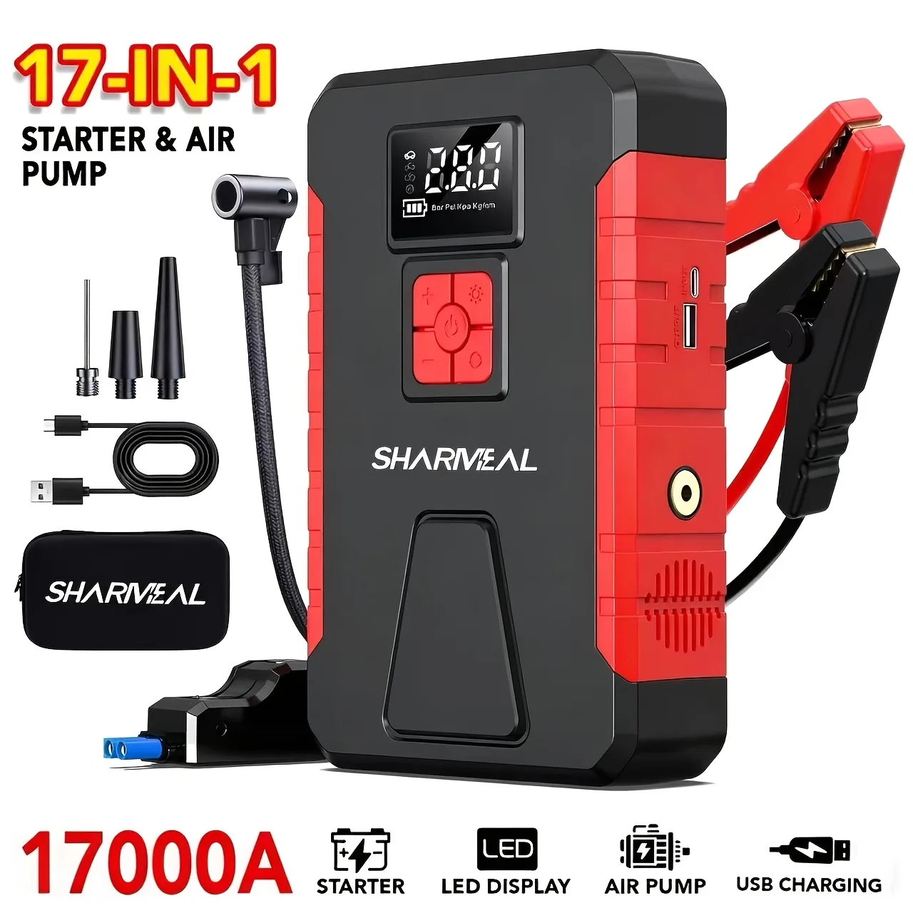 

15000A-17000A Peak 350PSI 12V 17-in-1 Portable Jump Starter with Air Compressor Jump Starter, Car Battery Charger, Car Jump Starter with Air Compressor, Jump Starter Para, Car Accessories Tools, LED Light, Battery Charger, Cart Battery Charger