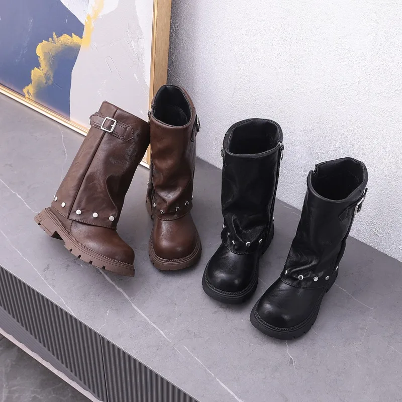 Children's Winter Boots Vintage Fashion Little Girls Mid-calf Boots Non-slip Wedding Party Kids Princess Platform Plush Boots