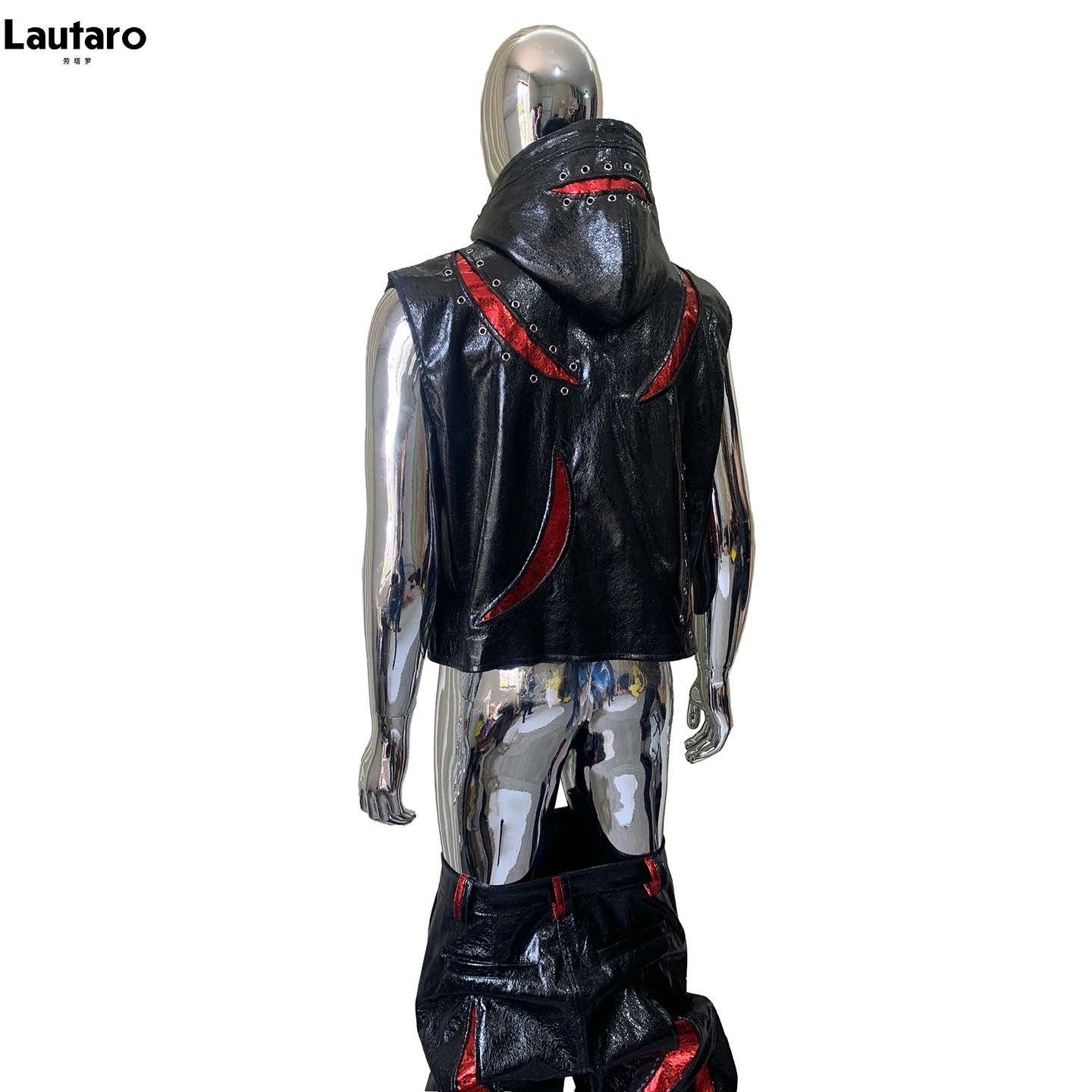Lautaro Summer Autumn Short Patchwork Pu Leather Vest Men with Hood Punk Style Sleeveless Jacket Zip Up Luxury Menswear Clothes