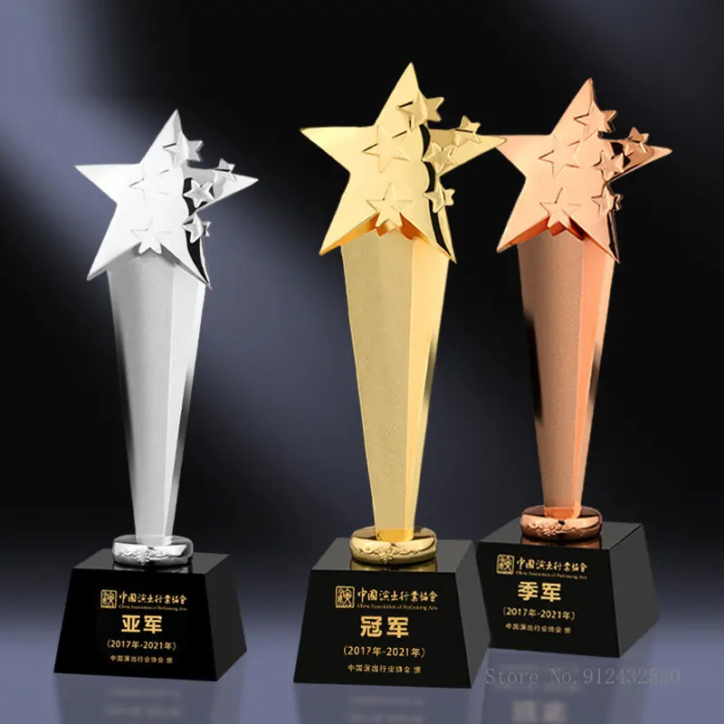 Creative Five-Star Crystal Trophy, Customized Year-End Award, Enterprise Gifts, High End, Home Decoration, Seven Metal, 1Pc