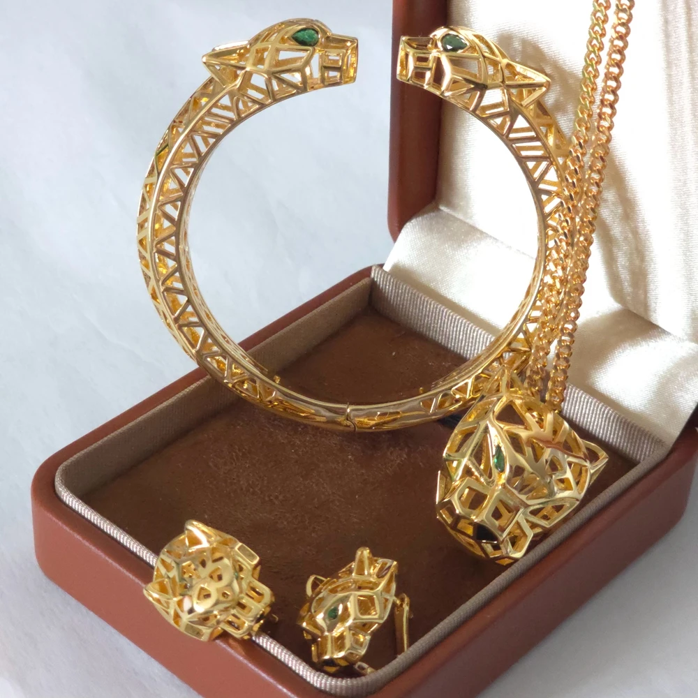 Green Eyes Hollow out Leopard Head Pendant Necklace or Earrings or Bangle Bracelet Luxury 18K Gold Plated Jewelry WOman Party