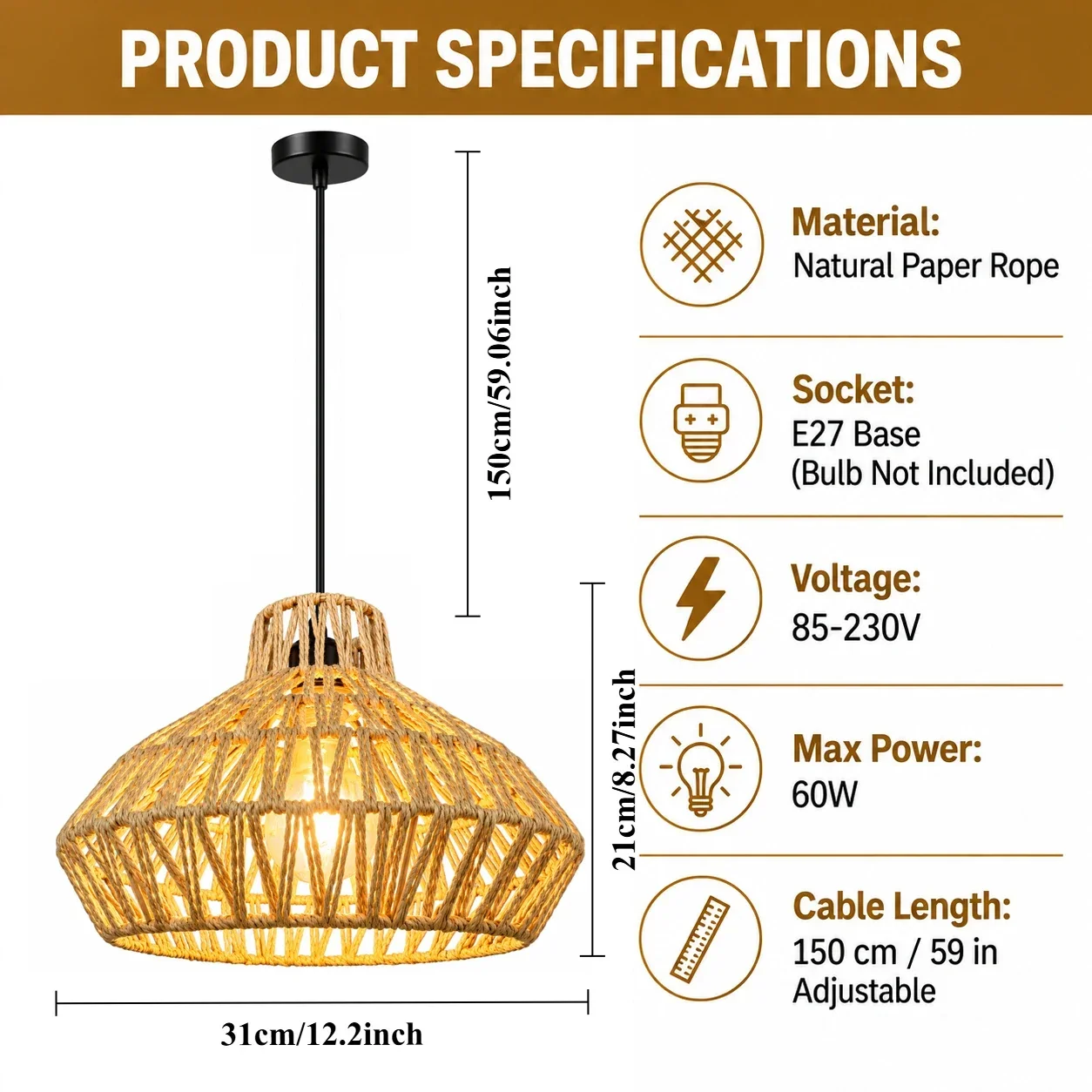 JOYINLED Handwoven Paper Rope Pendant Lamp, E27 Adjustable Cable Ceiling Pendant Light for Dining Room Kitchen Farmhouse Decor