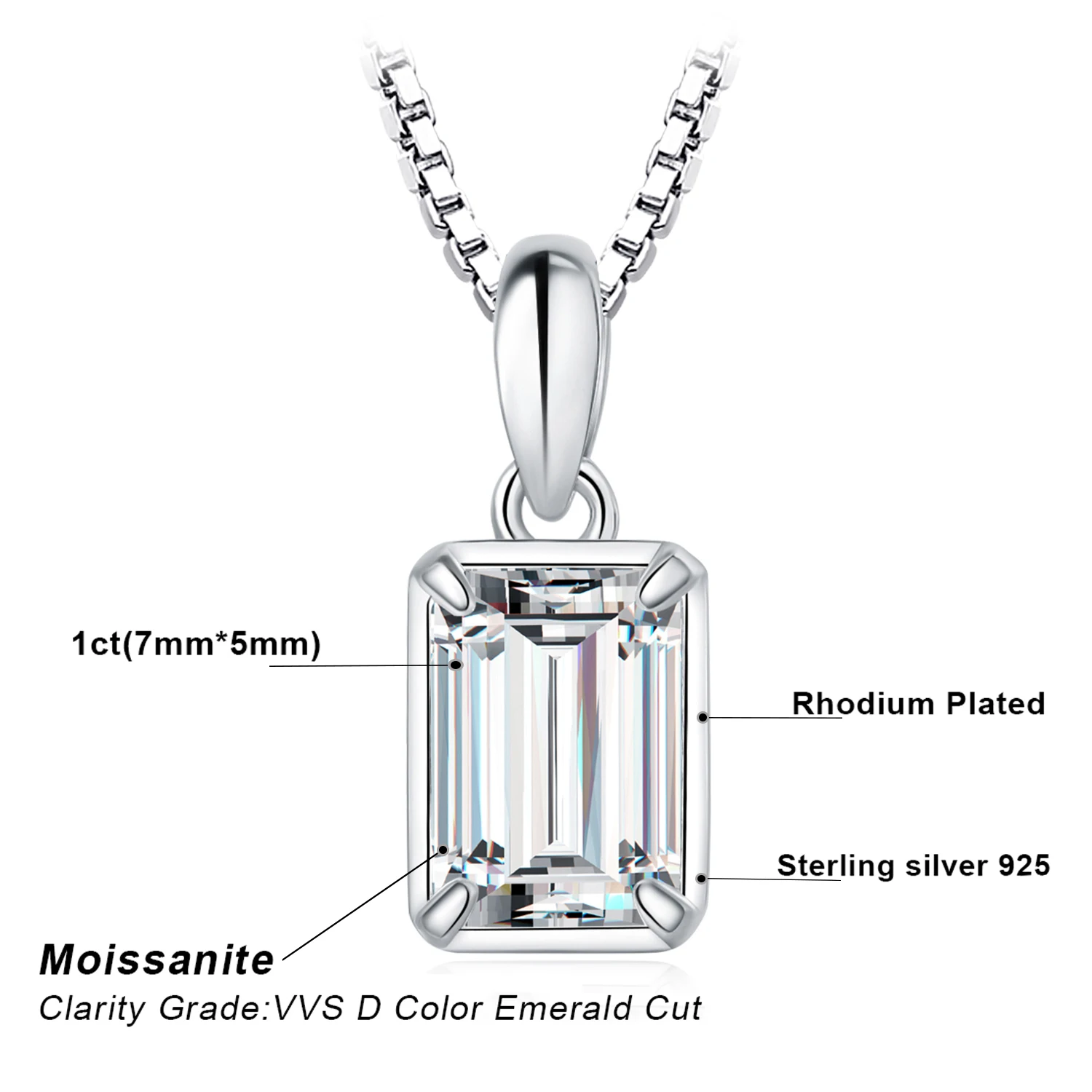 JewelryPalace Moissanite D Color 1ct Emerald Cut 925 Sterling Silver Pendant Necklace for Woman No Chain Yellow Rose Gold Plated