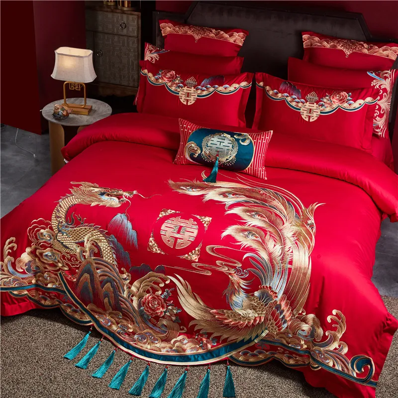 Golden Loong Phoenix Embroidery Duvet Cover Set Luxury Chinese Wedding Red Egyptian Cotton Tassels Bedding Bed Sheet Pillowcases