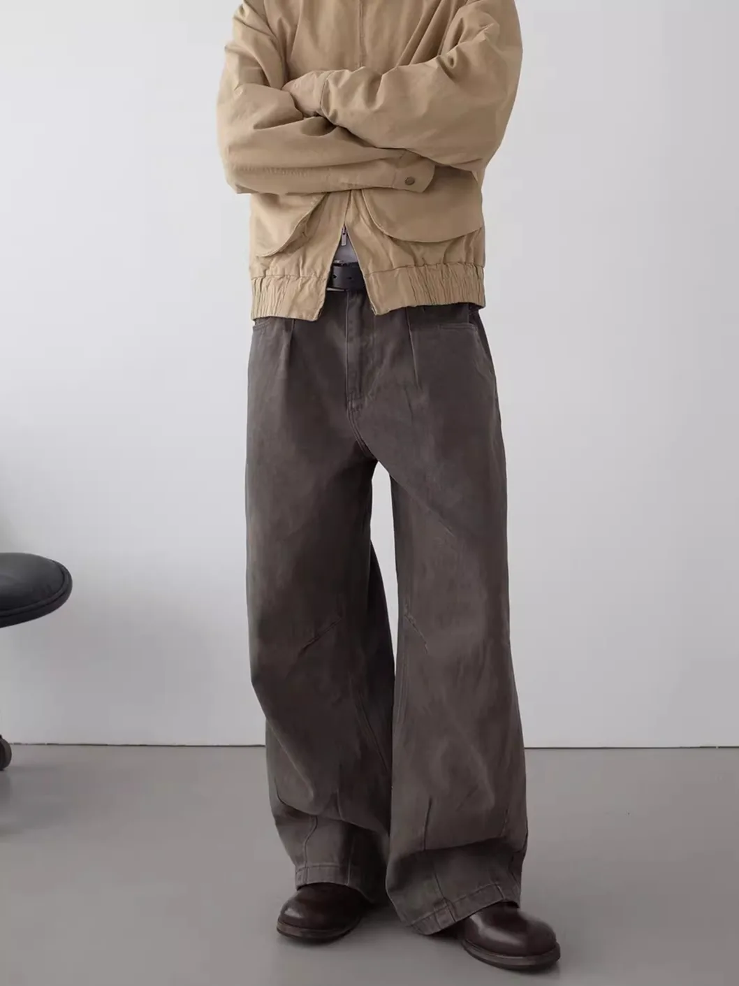 

Коричневые джинсы с американской талией в стиле ретро, мужские свободные широкие длинные брюки с высокой талией, хлопковые, полиэстеровые, дышащие, не растягивающиеся