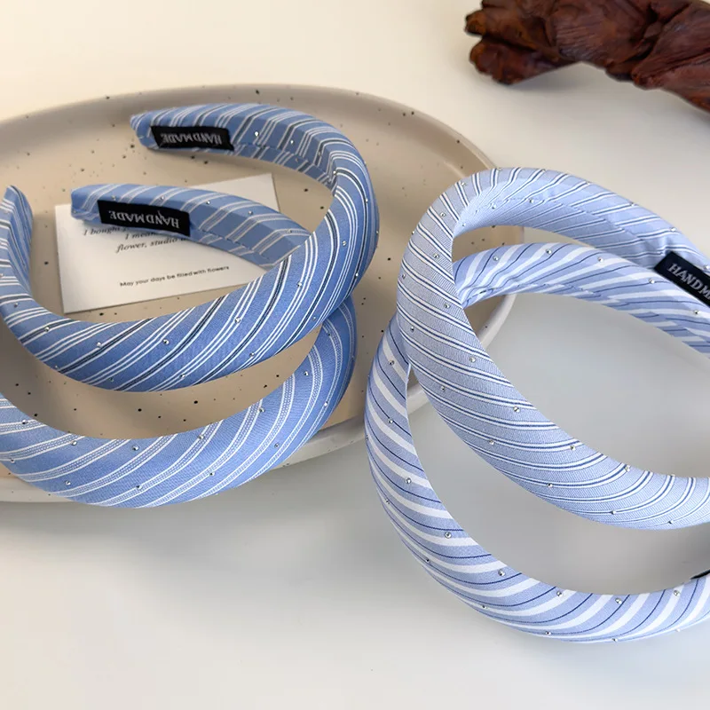 Beach Blue Striped Headbands New Twill Fabric Sponge Hair Hoop for Womans Girls Sweet Elegant Hair Band Fashion Retro Headdress