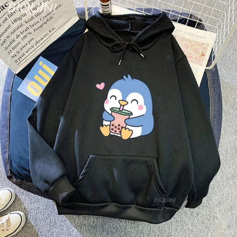 Bubble Boba Milk Tea Casual Cartoon Hoodie Penguin Pattern Sweatshirt Clothes Kawaii Anime Harajuku Plus Size Retro Hoodie