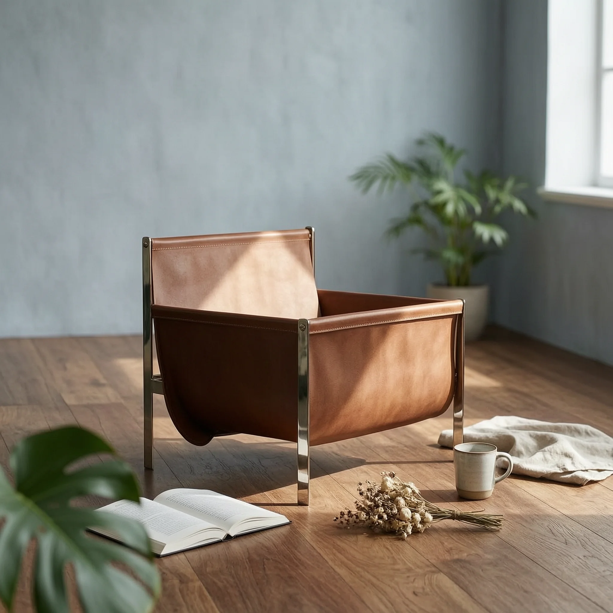 Magazine Rack with Leather Sling Space-Saving Magazine Rack with Metal Frame Contemporary Leatherette for Readers, Living Room