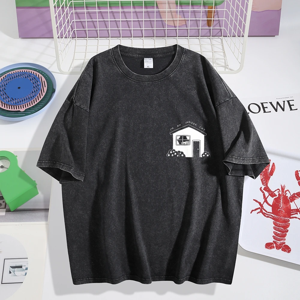 تي شيرت من القطن الخالص المغسول للجنسين مطبوع عليه بيت القط كاجوال فضفاض بأكمام قصيرة ساحر عصري لطيف ورائع