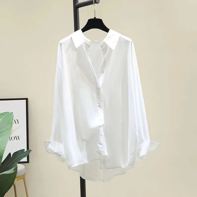 2025 Summer Sunscreen Shirt Female Casual Loose Perspective Thin Chiffon Blouse Women Korean Style Solid Cool Streetwear Shirts