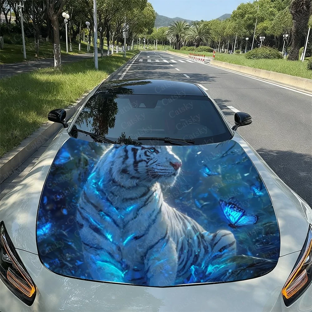 

White Tiger Blue Glow Car Hood Sticker PVC Self Waterproof Stick,Striking Auto Exterior Accessories Decor Protect Gift for Lover