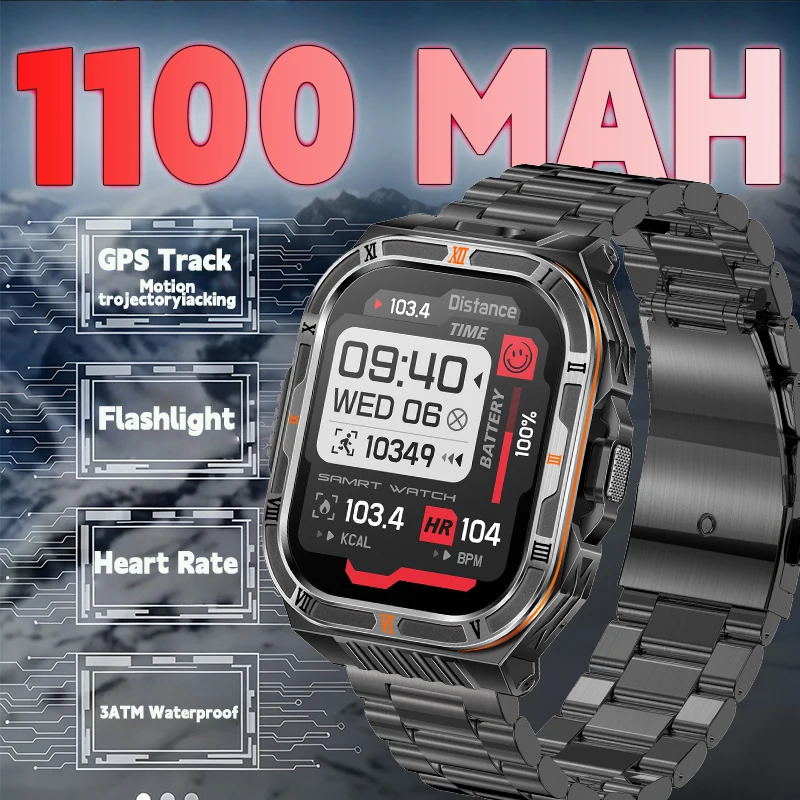 

2026 NEW Outdoor Night SOS Flash Flashlight Smart Watch 110mAh Durable Battery GPS Bluetooth Call 3ATM Waterproof Men Smartwatch
