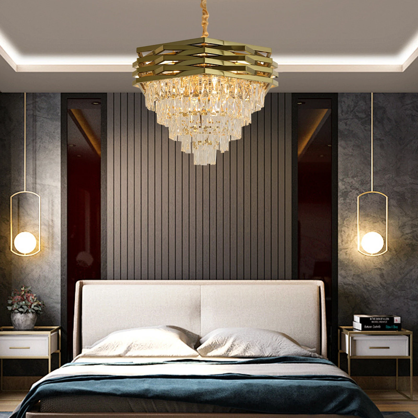 

Современная хрустальная люстра, 12-ламповая, золотая, 5-ярусная, в форме капель дождя, для гостиной, спальни, отеля, для внутреннего декора