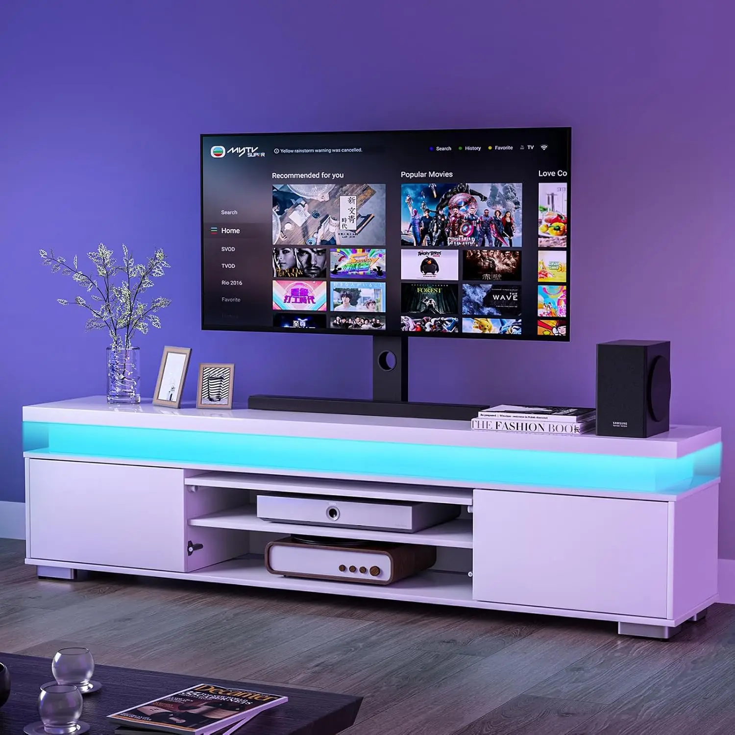 

Low TV Stand, 80" TV, LED Lights, Entertainment Center, Storage, Power Outlet, High Gloss White, for Living Room & Bedroom