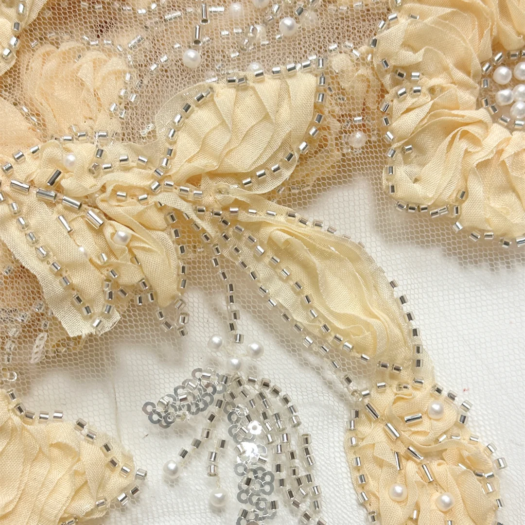 

Yellow Floral Ruffle Lace Fabric French Embroidery Material High Quality African Tulle Lace For Sewing Dresses And Wedding Gown