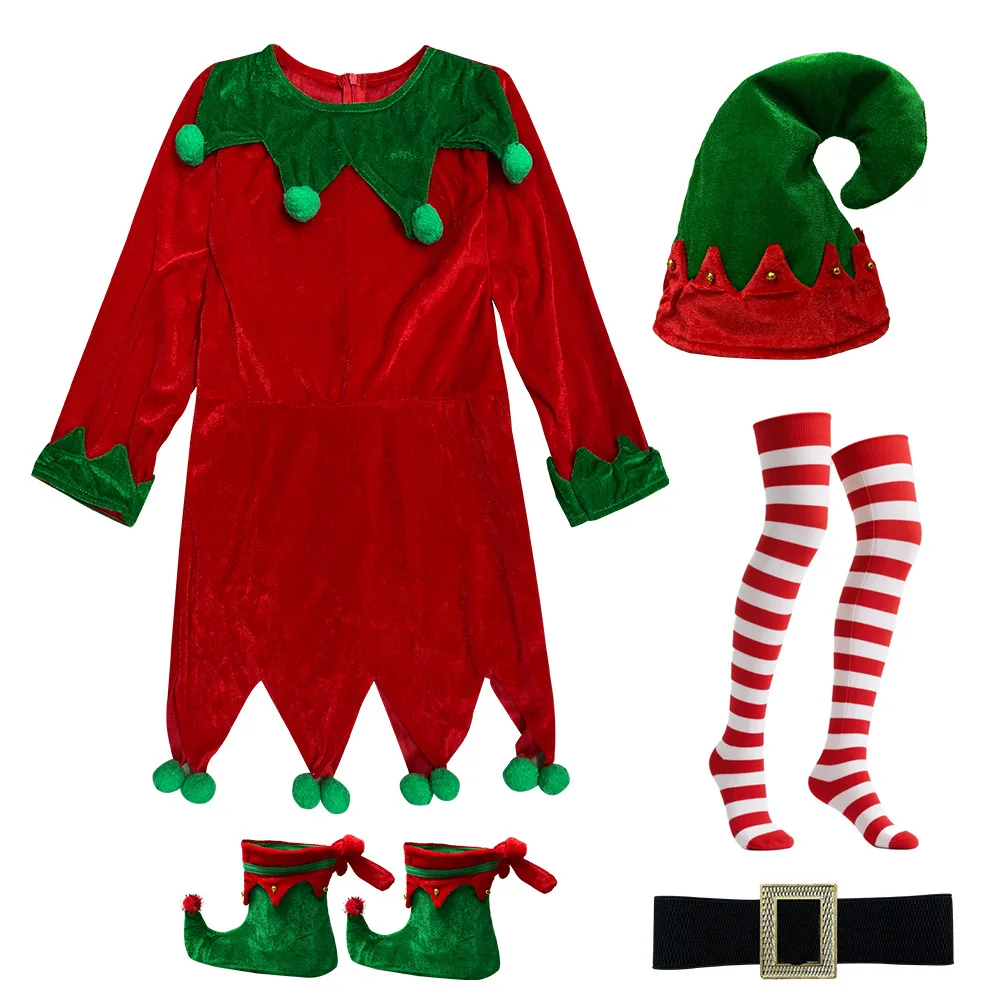 5Pcs Christmas Sets For Children New Year Elf Costume Kids Dress+Hat+Socks+Shoes+Belt Red Xmas Boys Girls Party Dresses Birthday