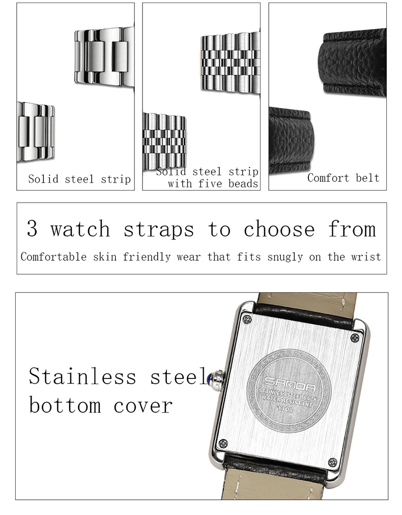 Sanda แบรนด์ชั้นนําใหม่ 1108 แฟชั่นสแควร์คู่นาฬิกาควอทซ์ขนาดโรมันกันน้ําผู้ชายและผู้หญิงนาฬิกาควอทซ์