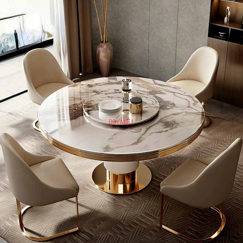 

marble round table and chair combination 6-person 8-person round table turntable modern simple Italian family restaurant