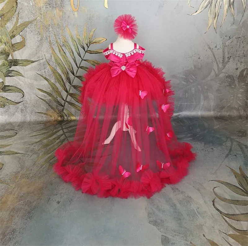 Red Puffy Ball Gown Baby Girl Dresses Off the Shoulder Kids Birthday Dress Tulle Big Bow Girls Christmas Gown Size 1-14Y