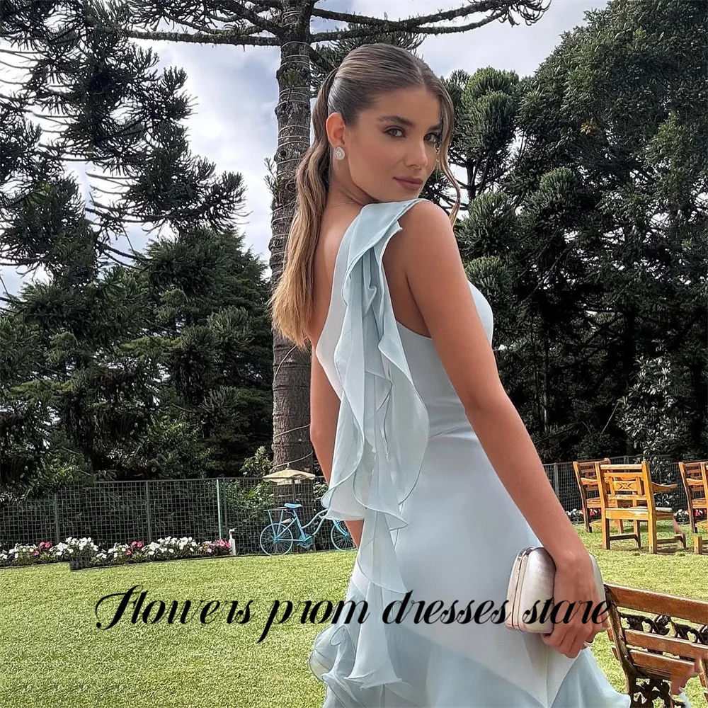 Flowers Sky Blue Party Dress Layered Ruffled فساتين السهرة One Shoulder Night Dresses Simple Formal Dress Customized