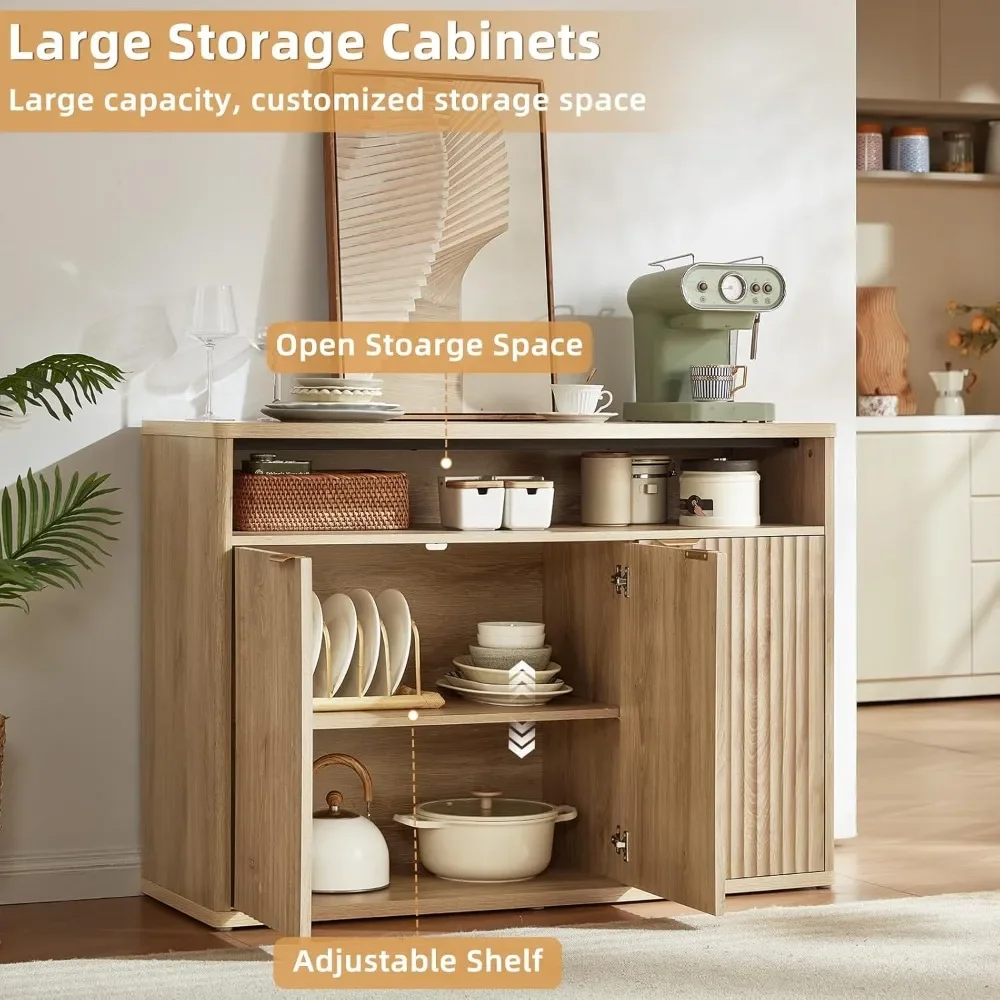 

Fluted Buffet Cabinet with Storage, 45 Wide Wood Sideboard Credenza with 3 Doors & Open Storage Shelf, Modern Kitchen