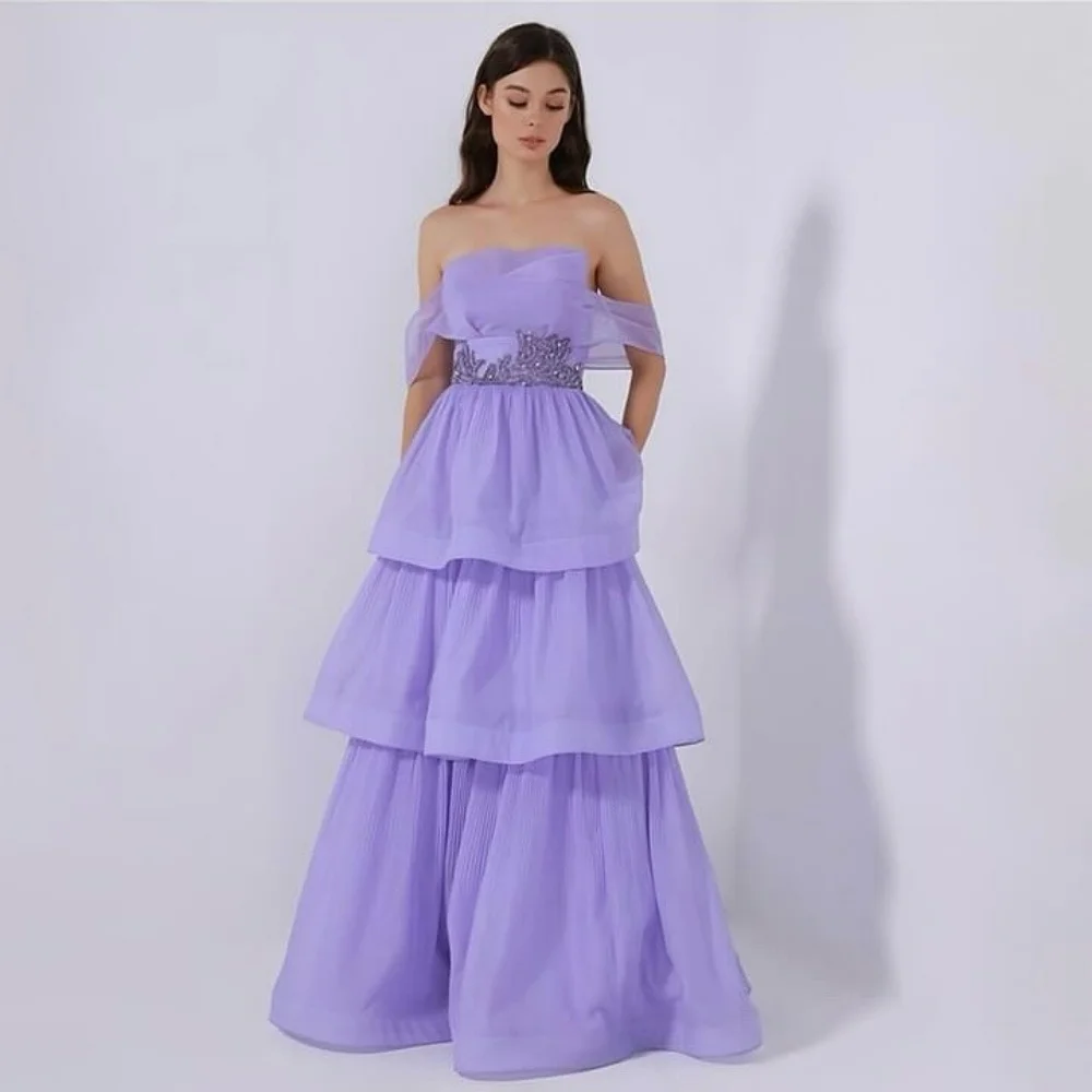 

Customized Formal Chiffon Pleat A-line Off-the-shoulder Long Dresses Evening Dresses Classic Exquisite Modern Style Pastrol Chi