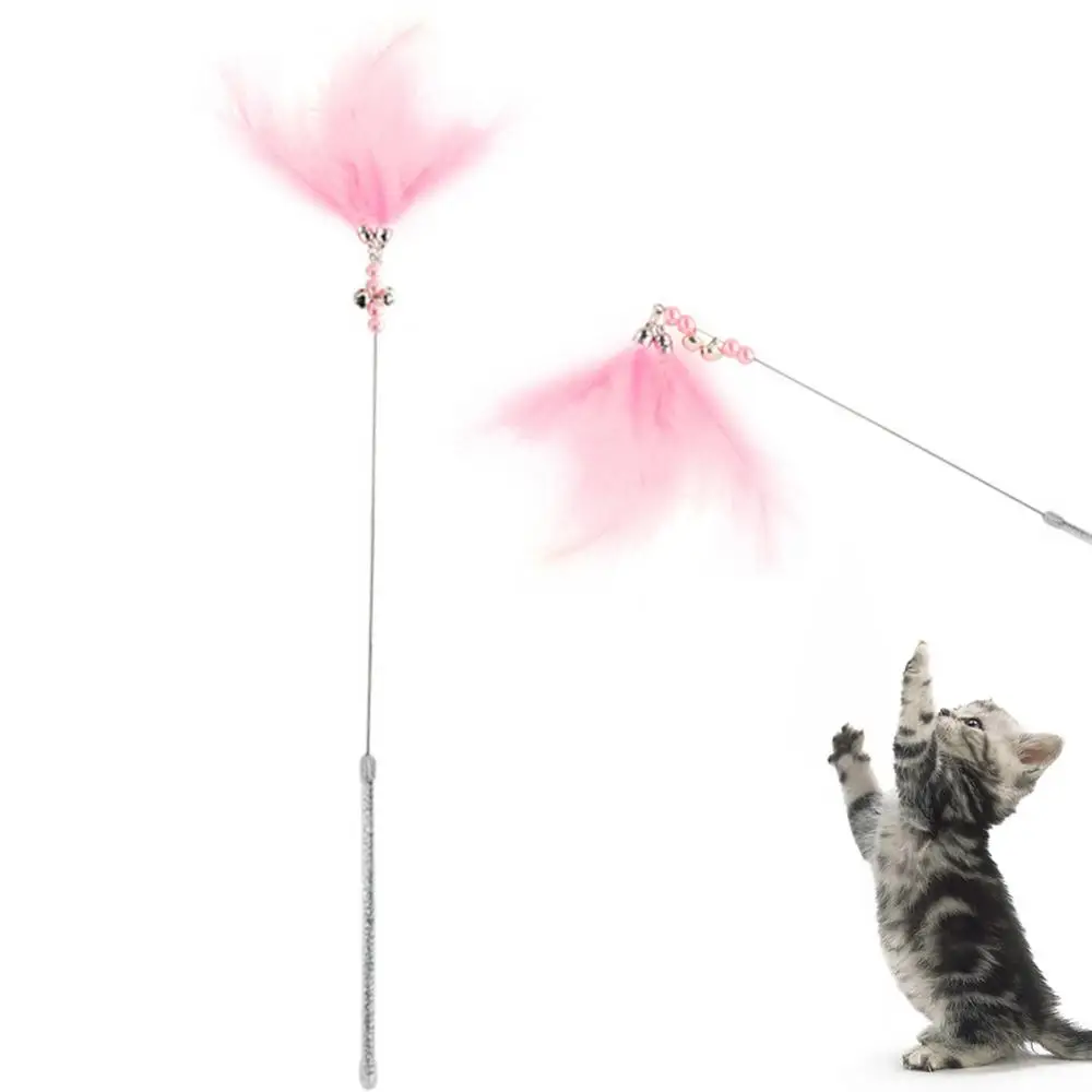 Interactive Funny Toy New Fairy Pet Cat Kitten Feather Bell Beads Teaser Playing Stick Wand Bite-resistant Pink Purple