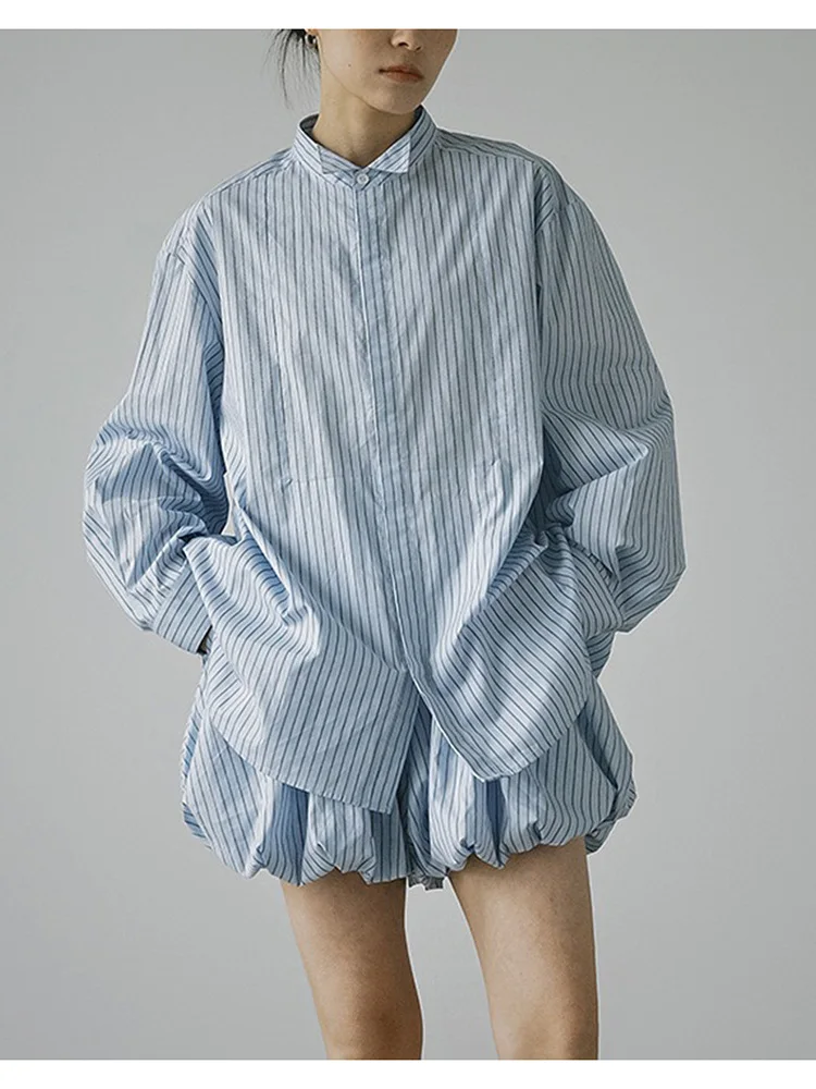 

Slimming Blue Stripe Loose Long Sleeve OL Shirt Women's Commute Style Design Casual Cotton Garmet Tail Wing Collar Blouse