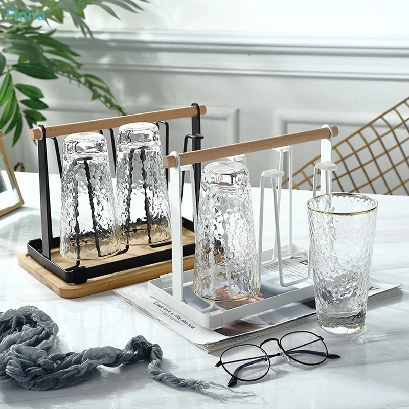 ✔6-Cup Glass Cup Drying Rack with Wooden Handle, Countertop Cup Organizer with Drip Tray for Kitchen & Bar