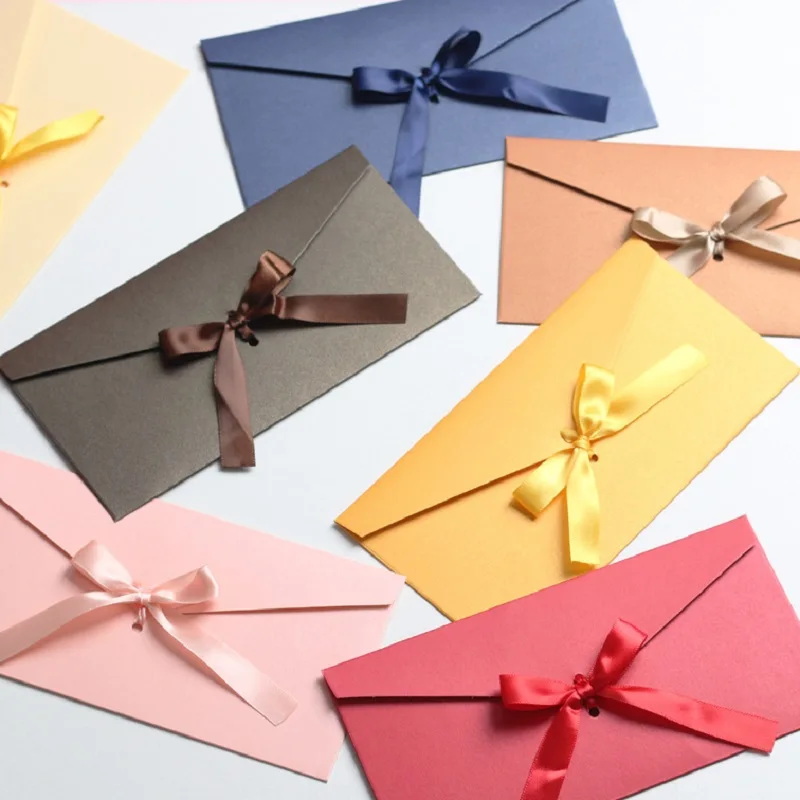

12pcs Pearlescent Paper Envelope Set with Thick Ribbon Bow Retro Creative Color Stationery for Wedding Invitations