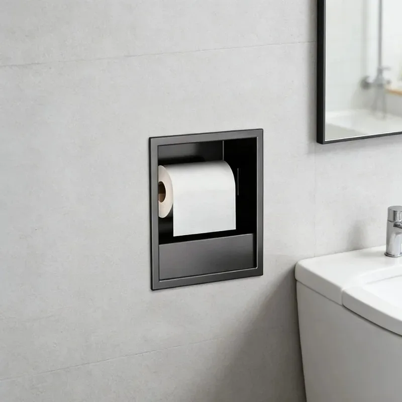 Stainless steel modern style recessed wall-mounted tissue box and tissue holder for showers and bathrooms