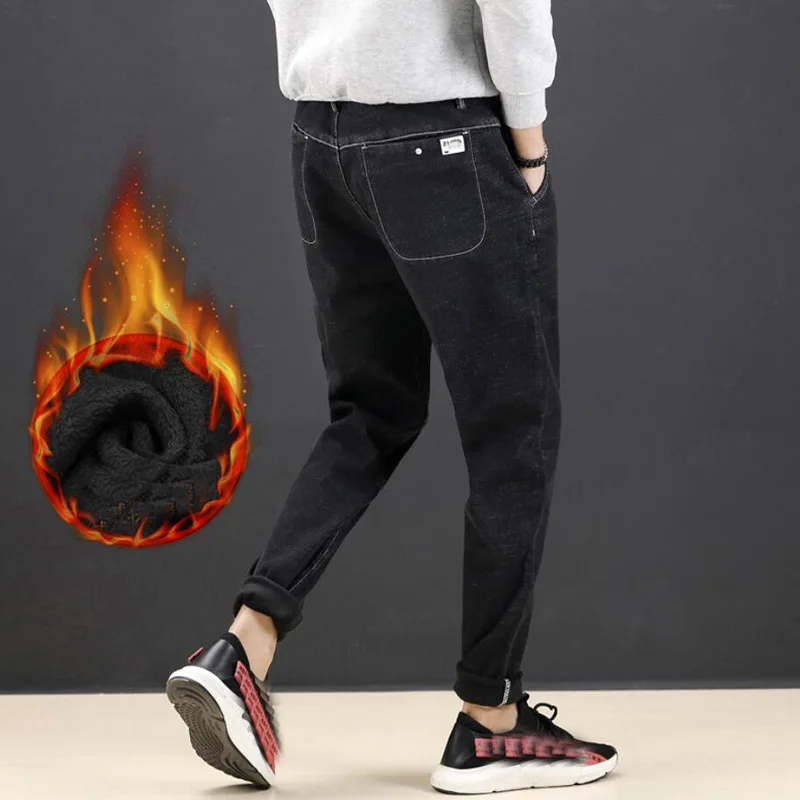 Oversized plus fleece thick jeans Blue male winter youth loose plus size warm pants high waist male large jeans 8xl 9xl 10xl