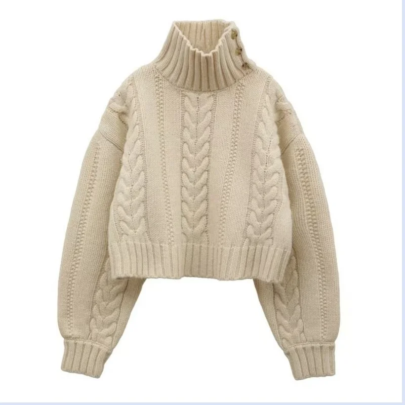 Autumn/Winter 24 Thick Fried Dough Twists High Collar Thickened Long Sleeve Knitted Pullover Short Women\'s Sweater