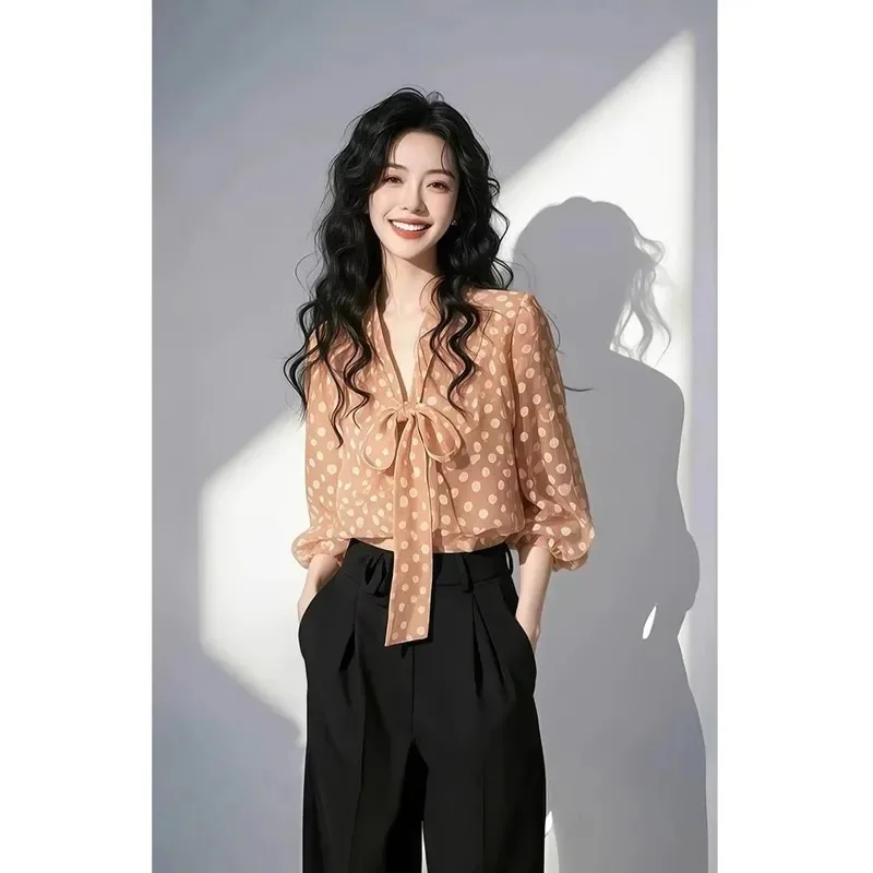 Women's Clothing French Style Top for Important Blouses Occasions Orange Polka-dot Bow Tie Shirt