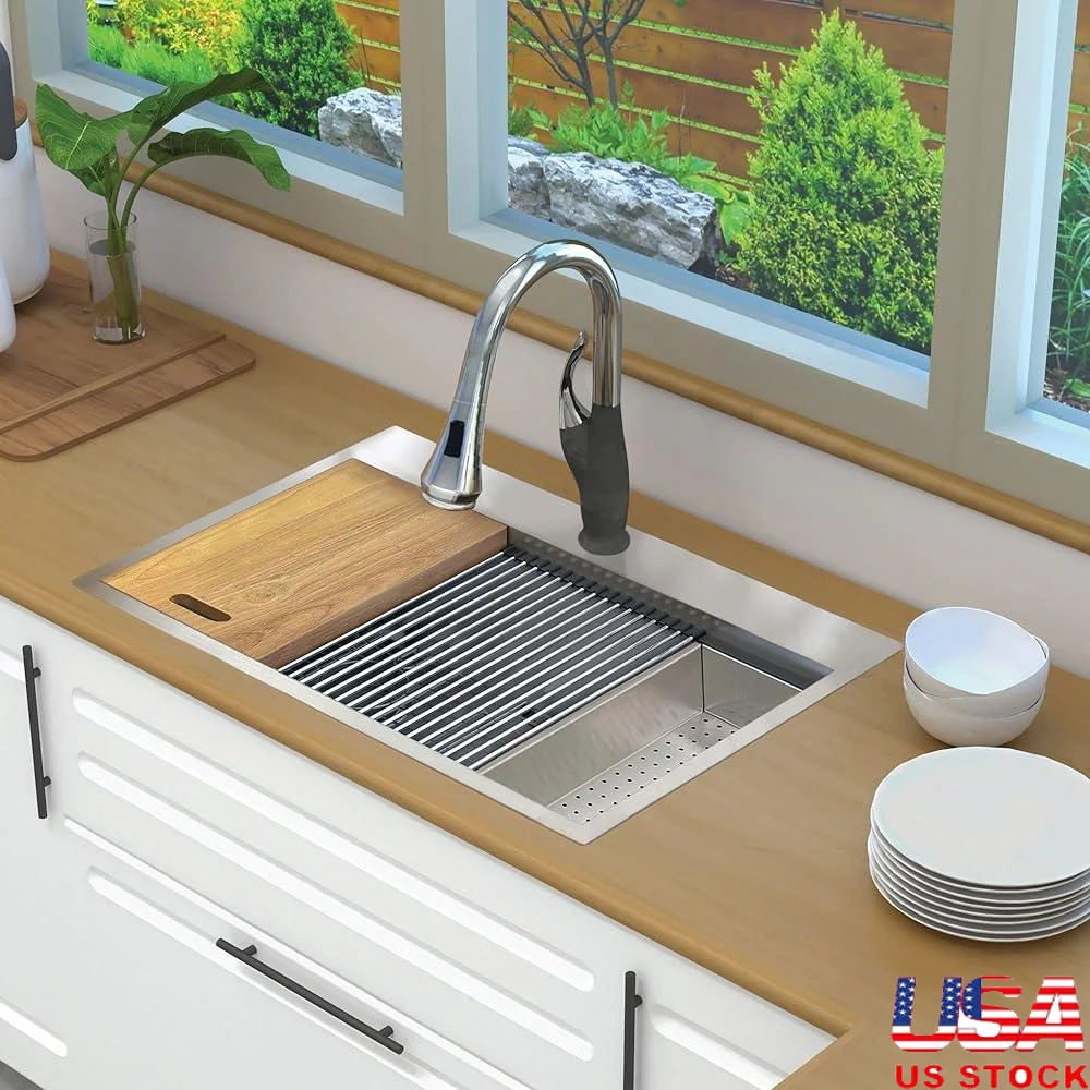 Fregadero de cocina de estación de trabajo empotrado de acero inoxidable de calibre 18 con accesorios de un solo cuenco que incluyen tabla de cortar colador de rejilla